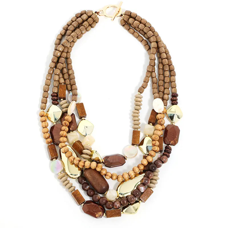 Brown Bead and Wood Pendant Necklace