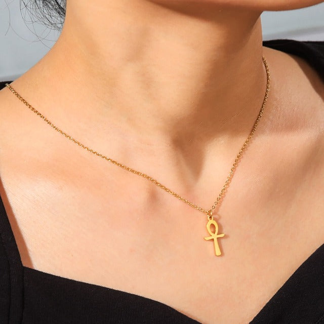 Egyptian Ankh Cross Pendant Necklace for Women, gold