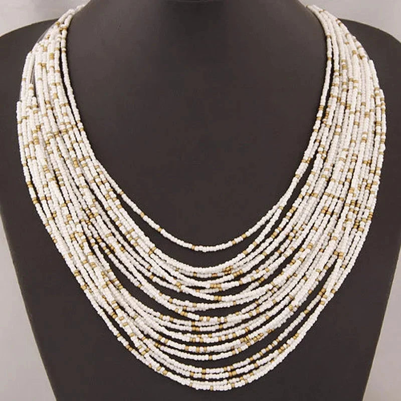 White Multi-Strand African Ethnic Pendant Necklace