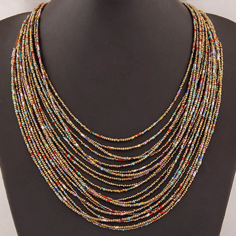 Multicolor Multi-Strand African Ethnic Pendant Necklace