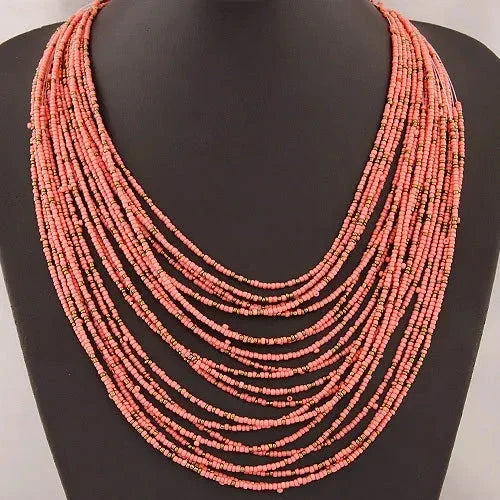 Pink Multi-Strand African Ethnic Pendant Necklace