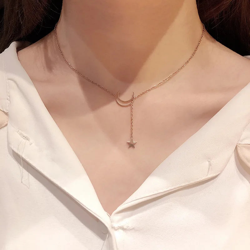 Star and Moon Pendant Necklace in Gold