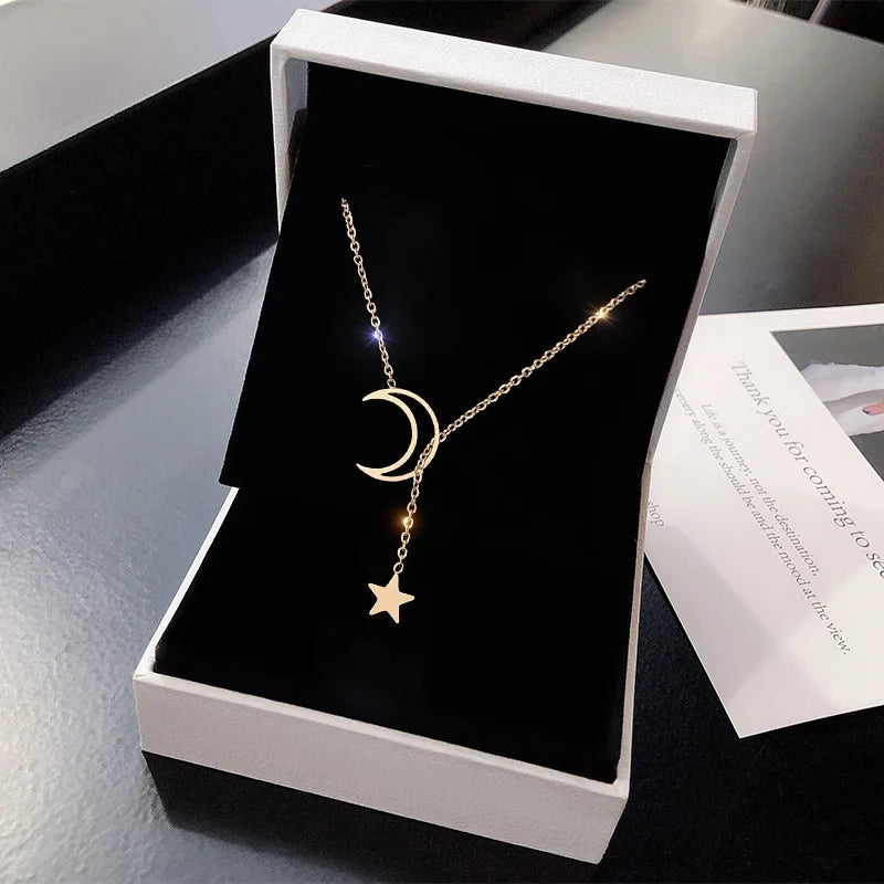Star and Moon Pendant Necklace in Gold