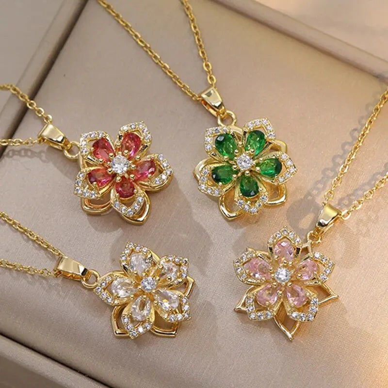 5-Petal Zircon Flower Pendant Necklace b