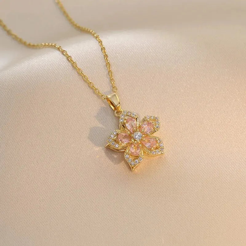 5-Petal Zircon Flower Pendant Necklace a