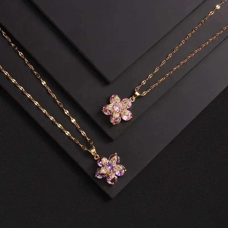 Colorful Flower Pendant Necklace in Pink Zircon
