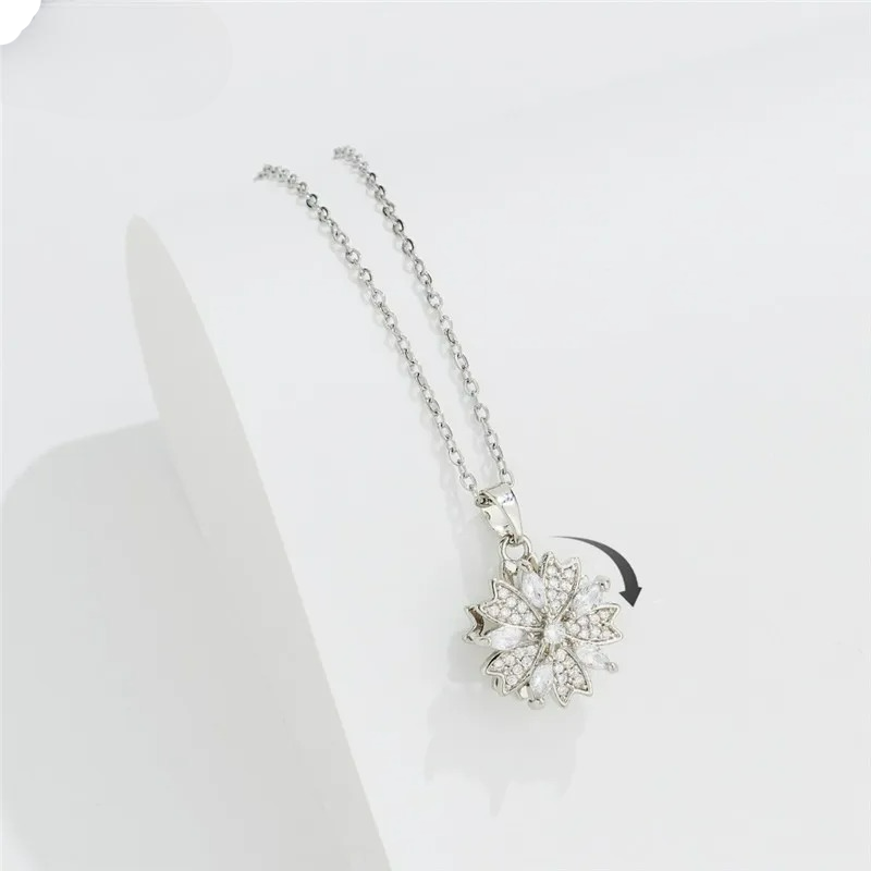 Anti-Stress Rotating Zircon Flower Pendant Necklace silver