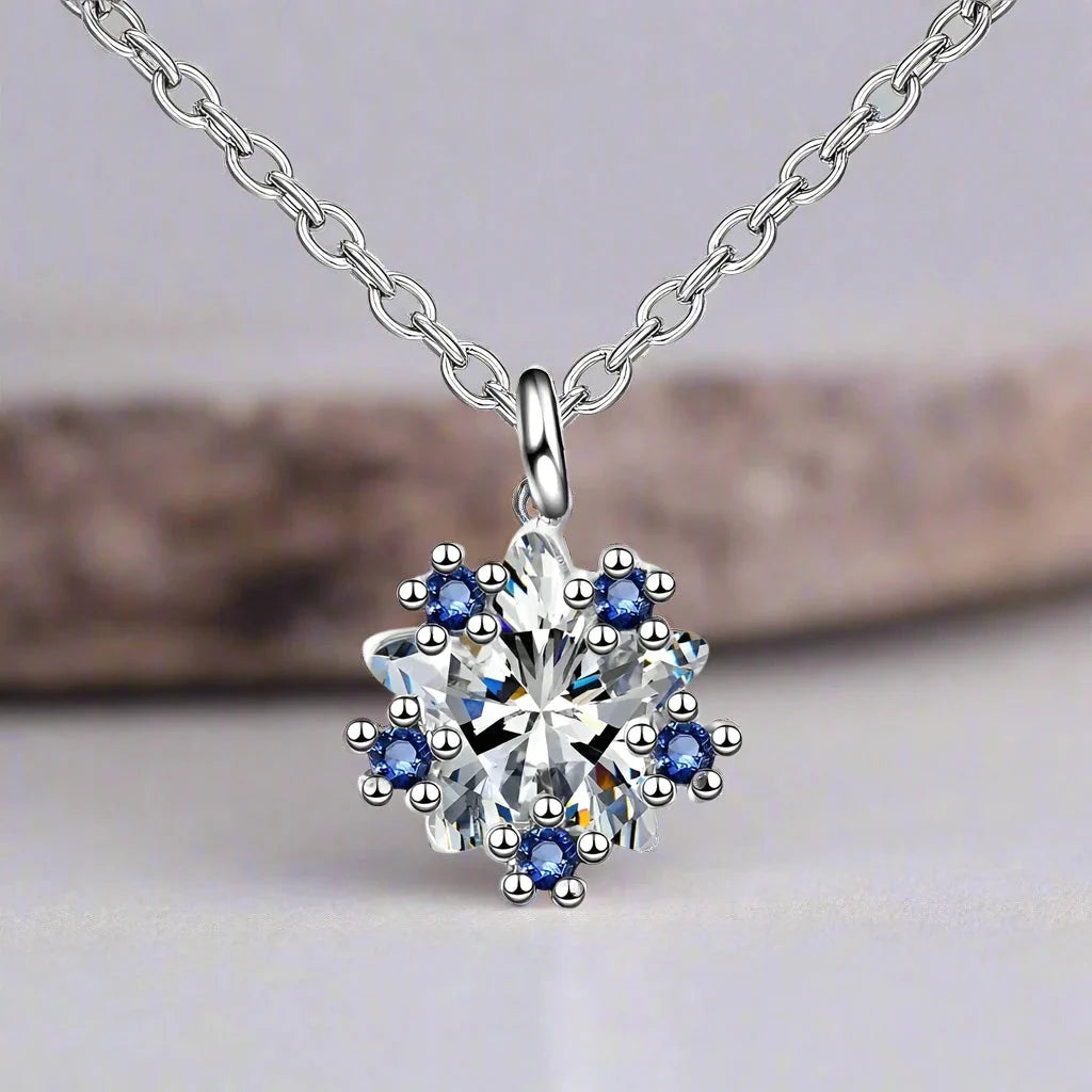 Women's Snowflake Pendant Necklace, Silver and Blue