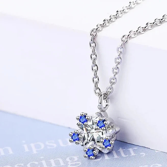 Women's Snowflake Pendant Necklace, Silver and Blue