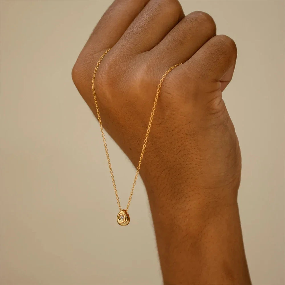 Water Drop Pendant Necklace with Zircon Pearl, Gold