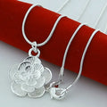 Elegant Large Flower Pendant Necklace in Silver Finish