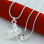 Elegant Large Flower Pendant Necklace in Silver Finish