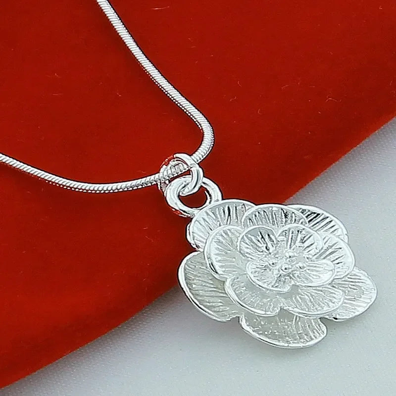 Elegant Large Flower Pendant Necklace in Silver Finish
