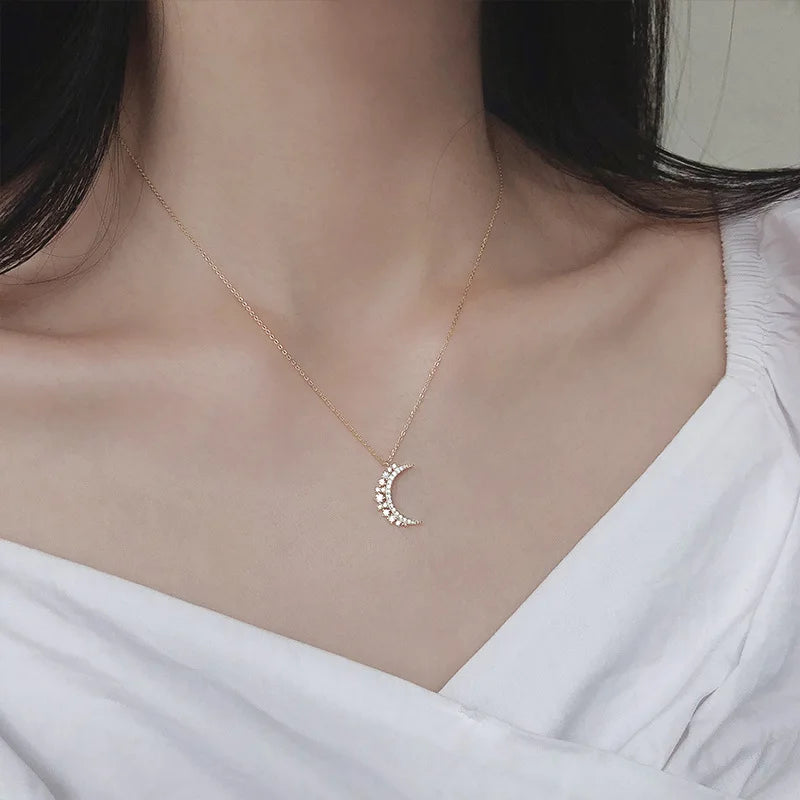 Women's Moon Pendant Necklace with Zircon, gold