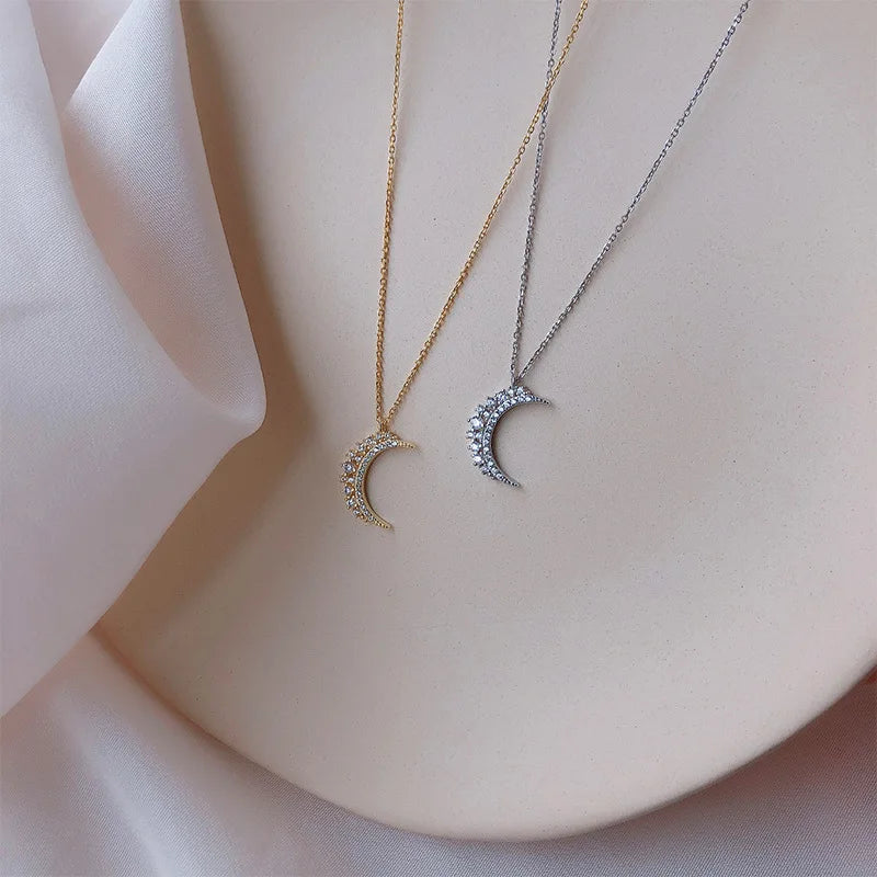 Women's Moon Pendant Necklace with Zircon, gold and silver