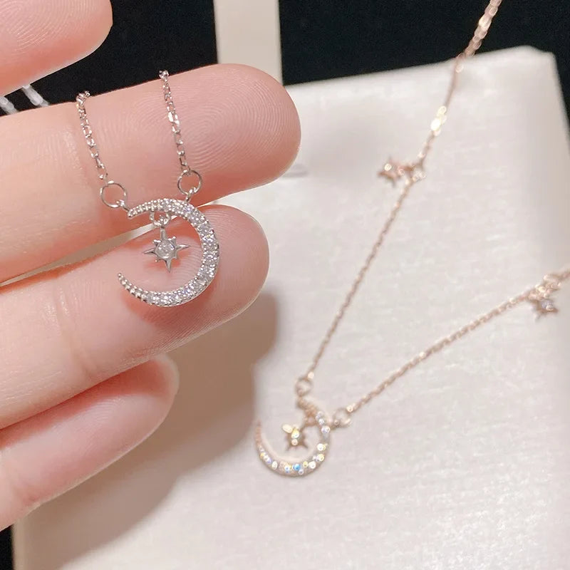 Moon and Star Zircon Pendant Necklace for Women