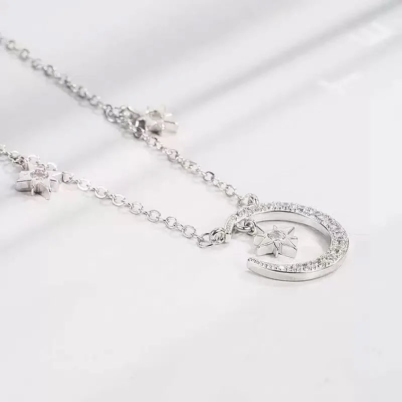 Moon and Star Zircon Pendant Necklace for Women