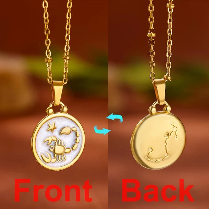 Gold and White Zodiac Sign Pendant Necklace, 12 Constellations Scorpio