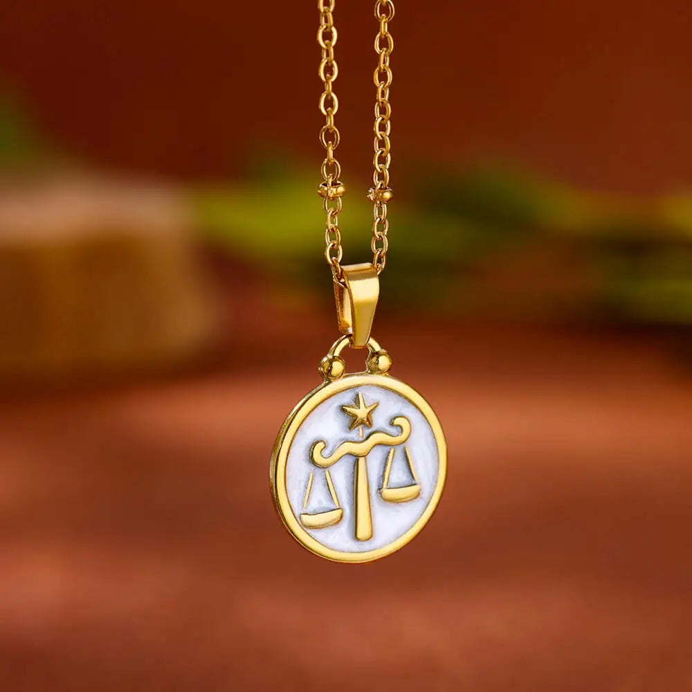 Gold and White Zodiac Sign Pendant Necklace, 12 Constellations Libra