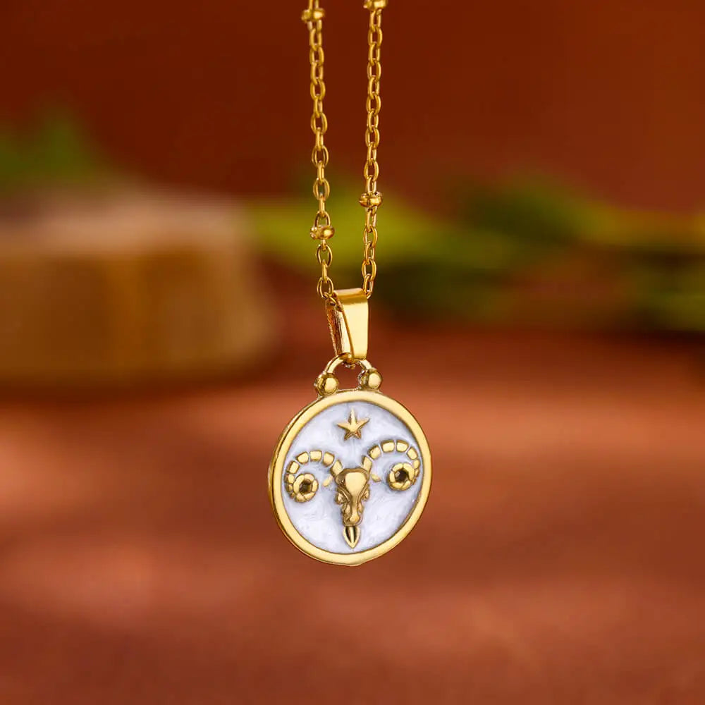 Gold and White Zodiac Sign Pendant Necklace, 12 Constellations Aries