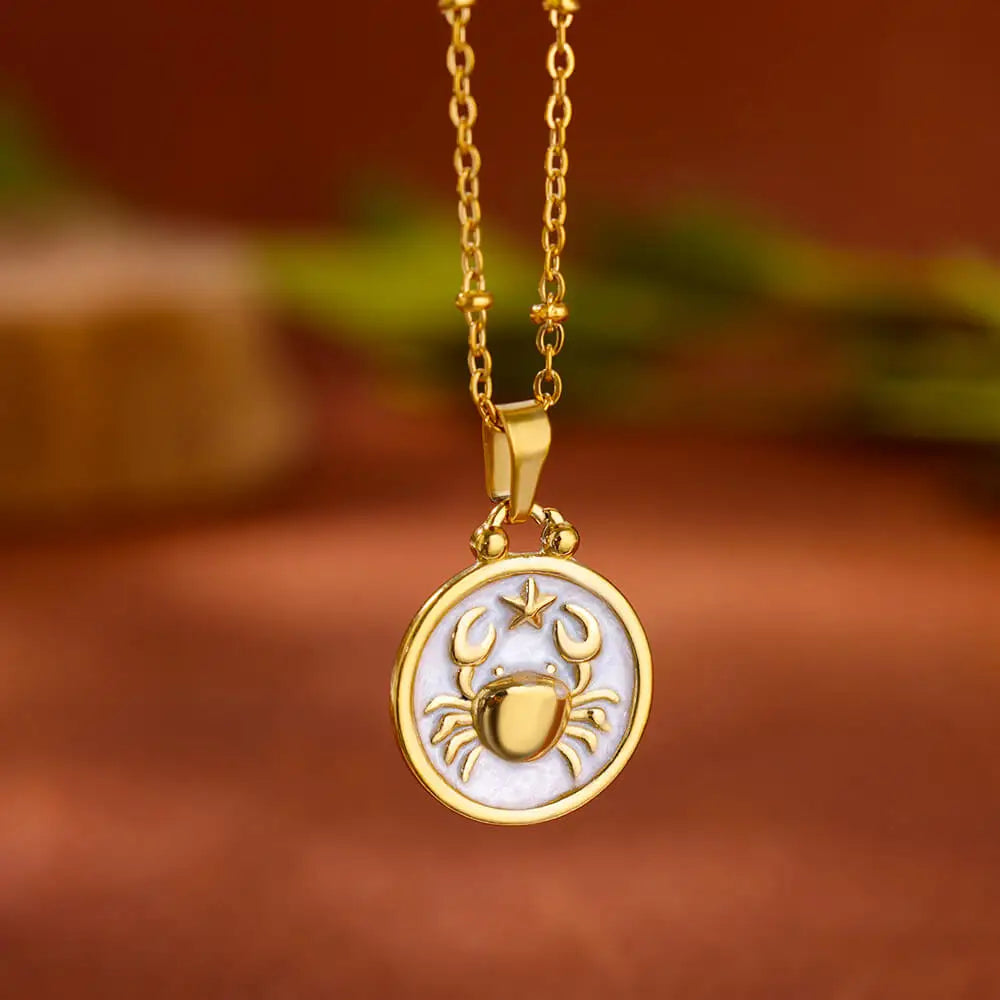 Gold and White Zodiac Sign Pendant Necklace, 12 Constellations Cancer