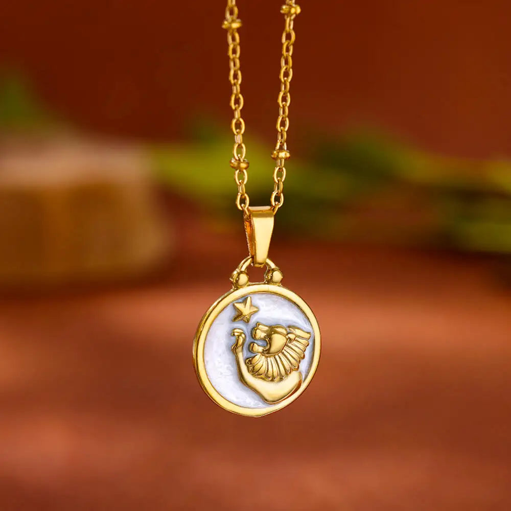 Gold and White Zodiac Sign Pendant Necklace, 12 Constellations Leo