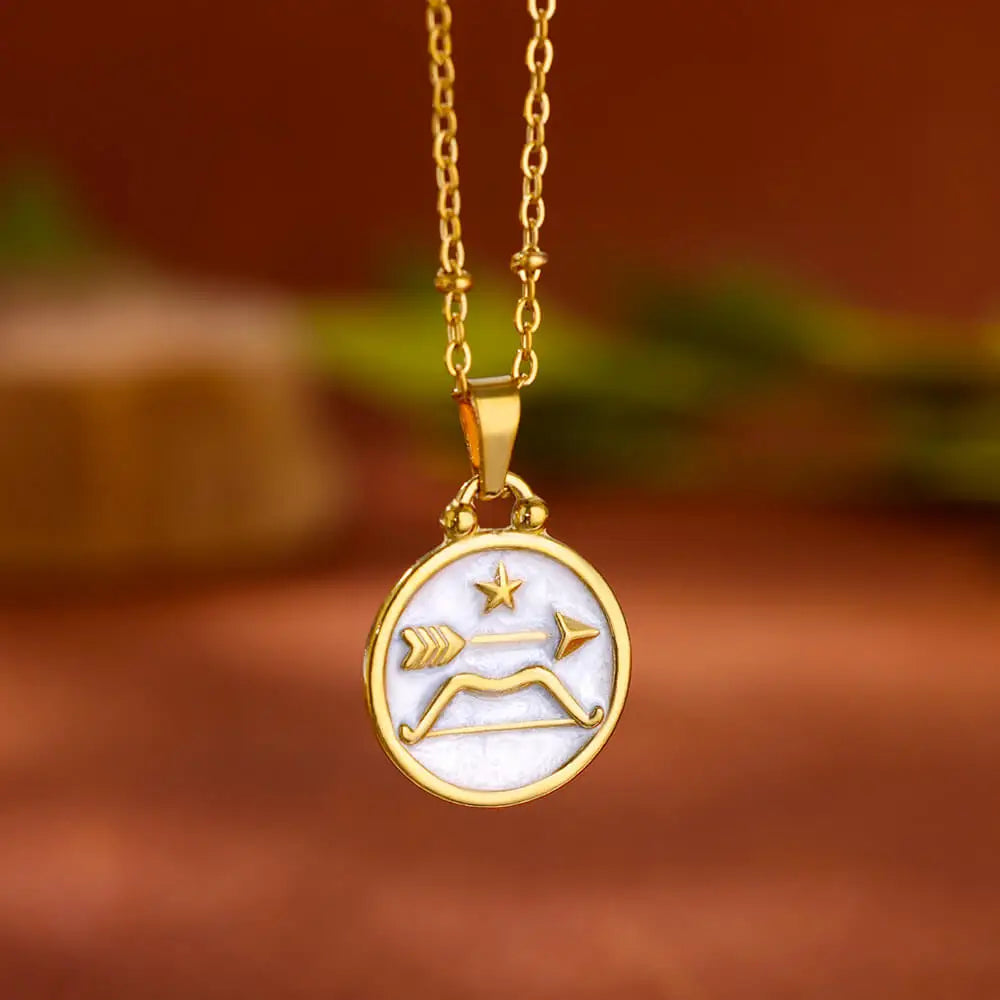 Gold and White Zodiac Sign Pendant Necklace, 12 Constellations Sagittarius