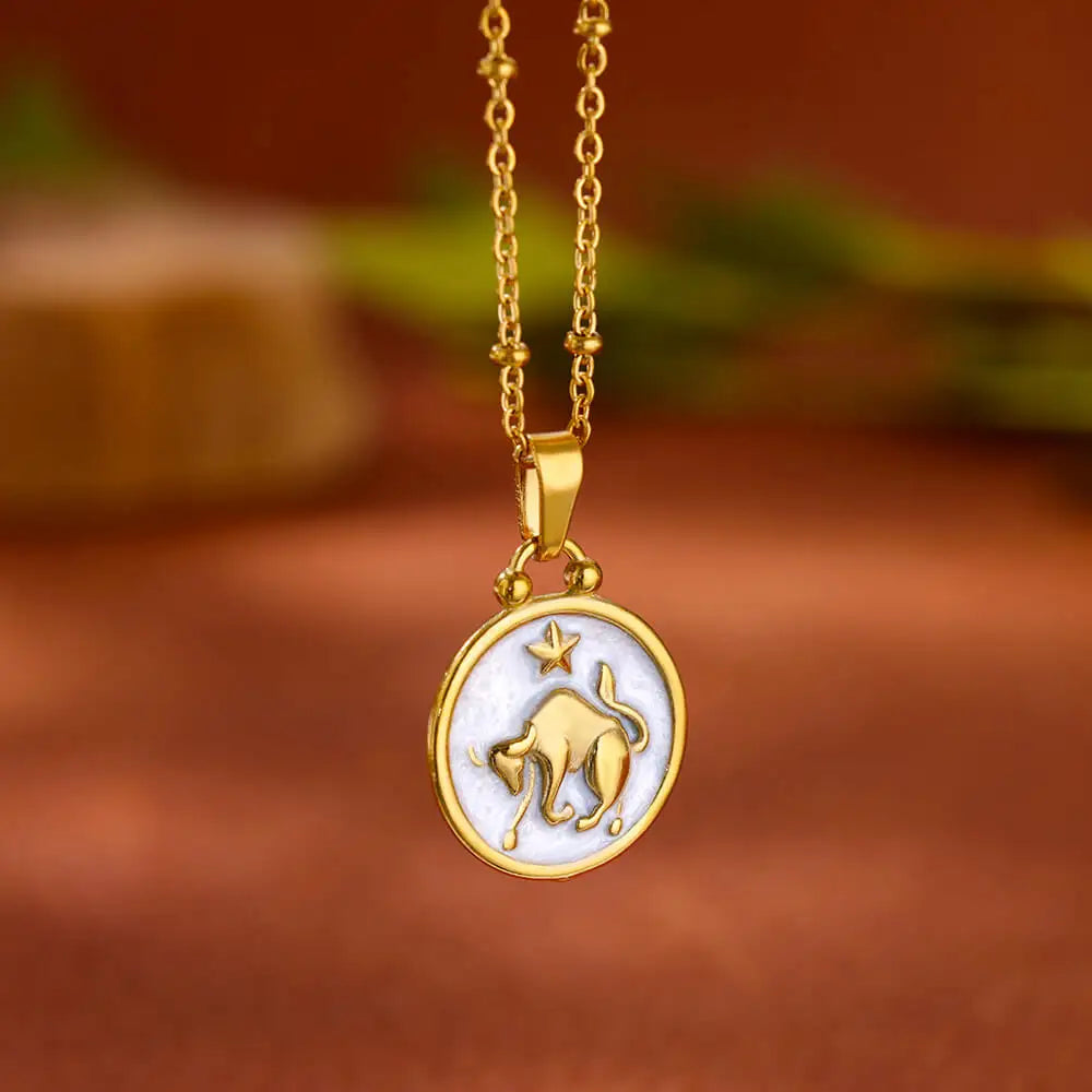 Gold and White Zodiac Sign Pendant Necklace, 12 Constellations Taurus