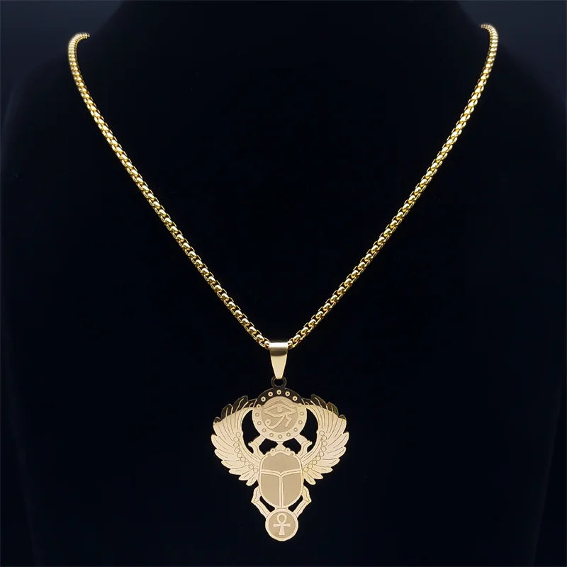 Egyptian Scarab Eye of Horus Pendant Necklace gold
