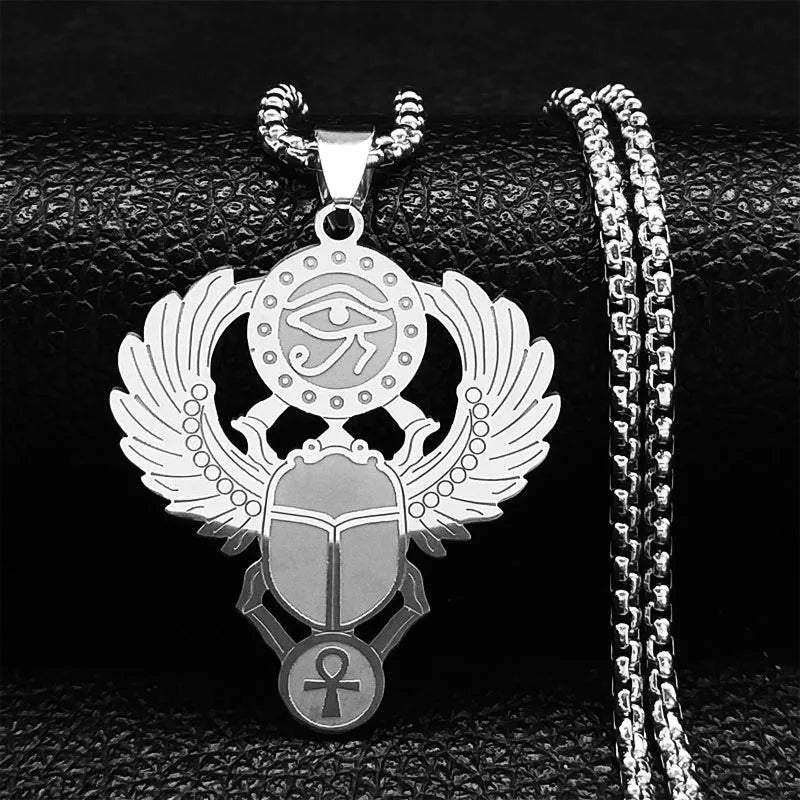 Egyptian Scarab Eye of Horus Pendant Necklace silver