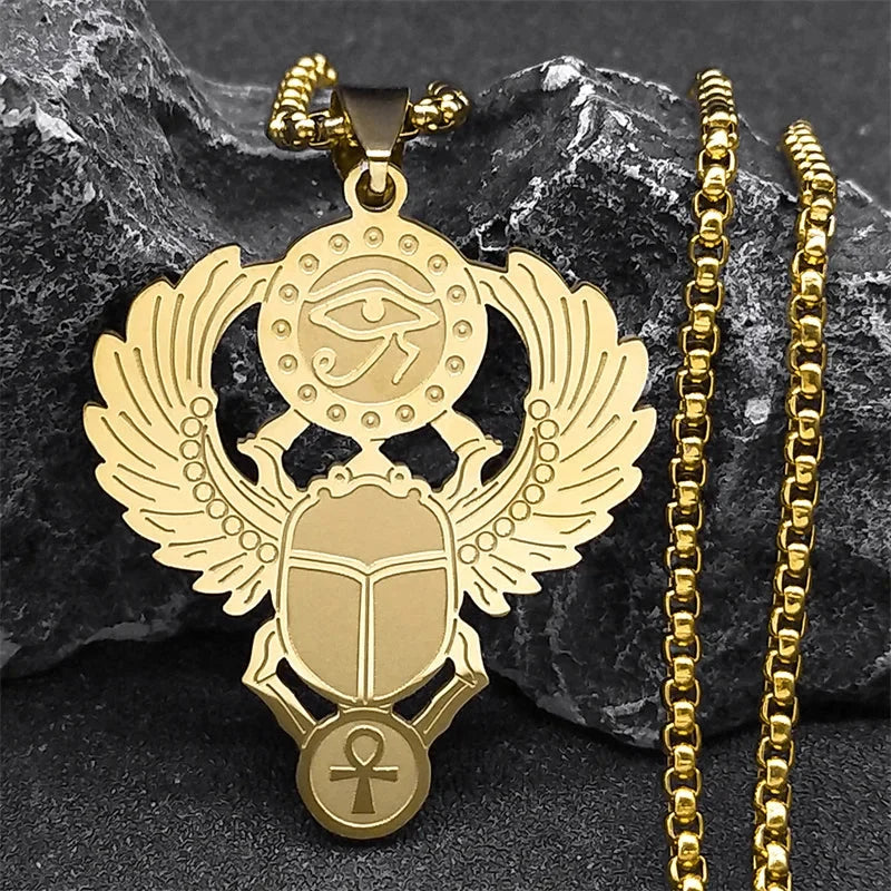 Egyptian Scarab Eye of Horus Pendant Necklace gold