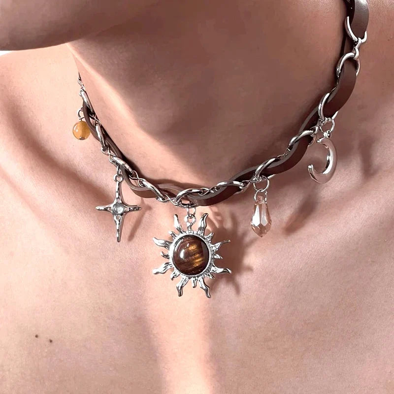 Sun Pendant Necklace with Punk-Style Crystal