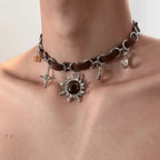 Sun Pendant Necklace with Punk-Style Crystal
