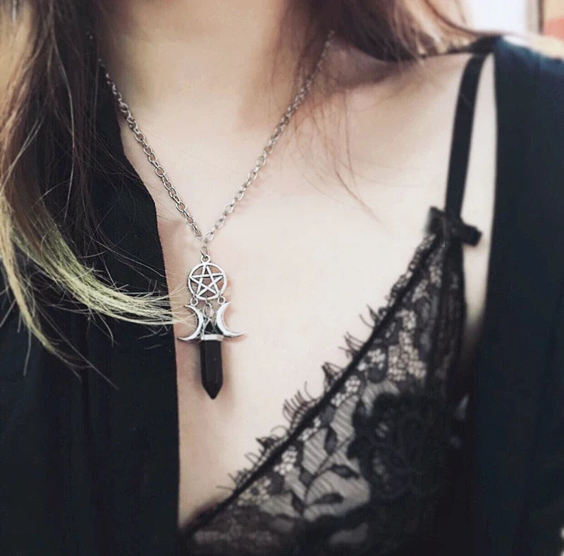 Triple Moon Pendant Necklace Wiccan Witchcraft Women’s Black Pentacle