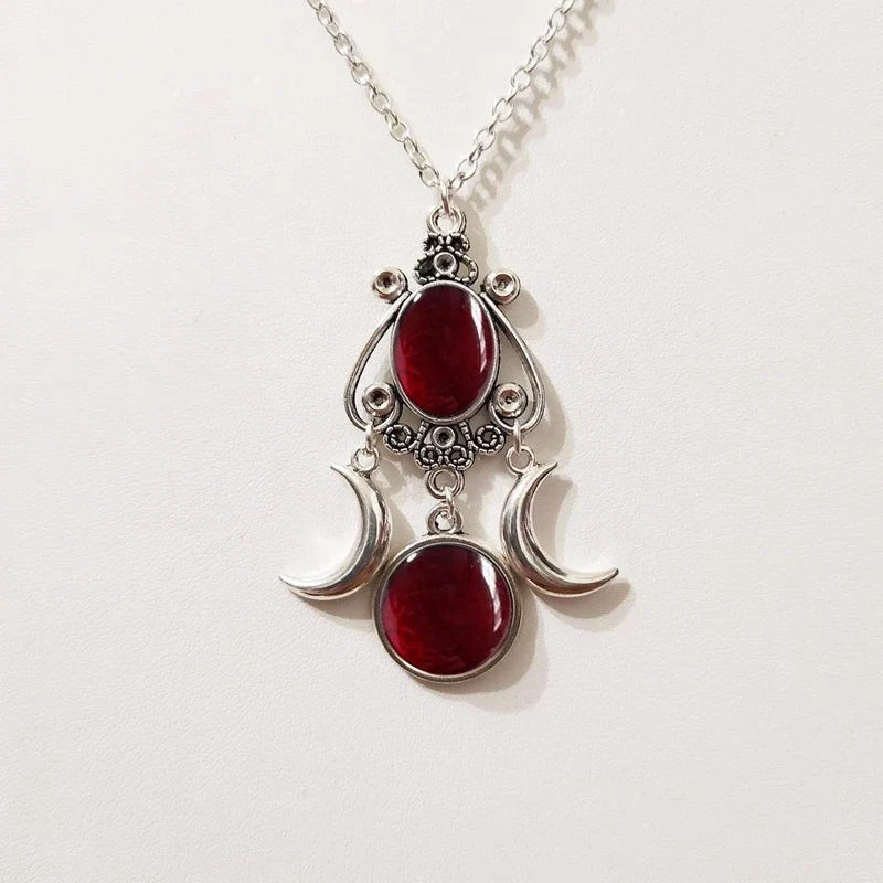 Triple Moon Pendant Necklace Wiccan Witchcraft Women’s Red