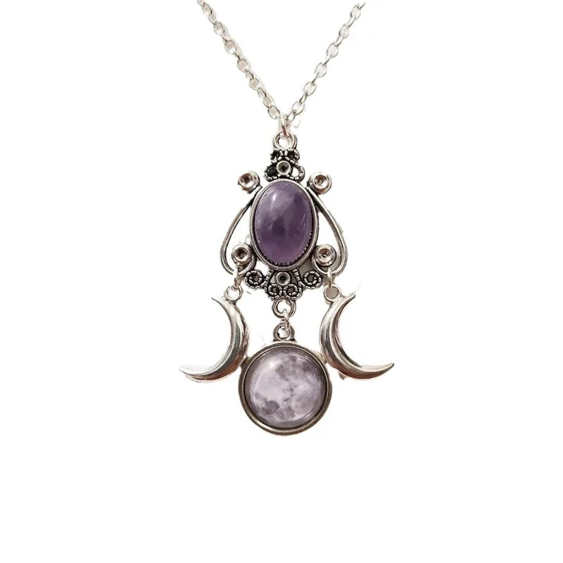 Triple Moon Pendant Necklace Wiccan Witchcraft Women’s Purple