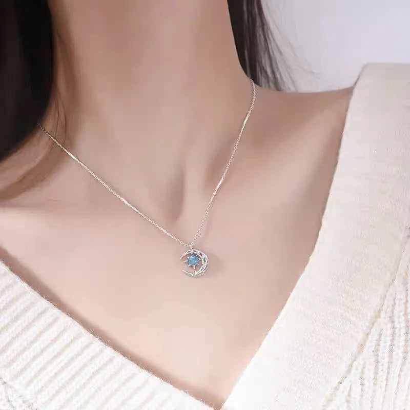Women's Necklace with Star and Moon Pendant, silver