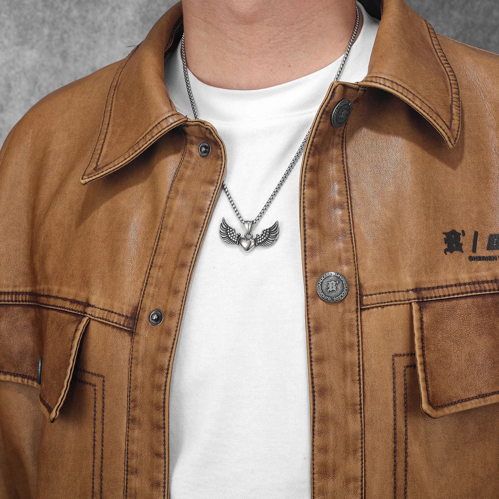 Men's necklace with heart pendant and angel wings
