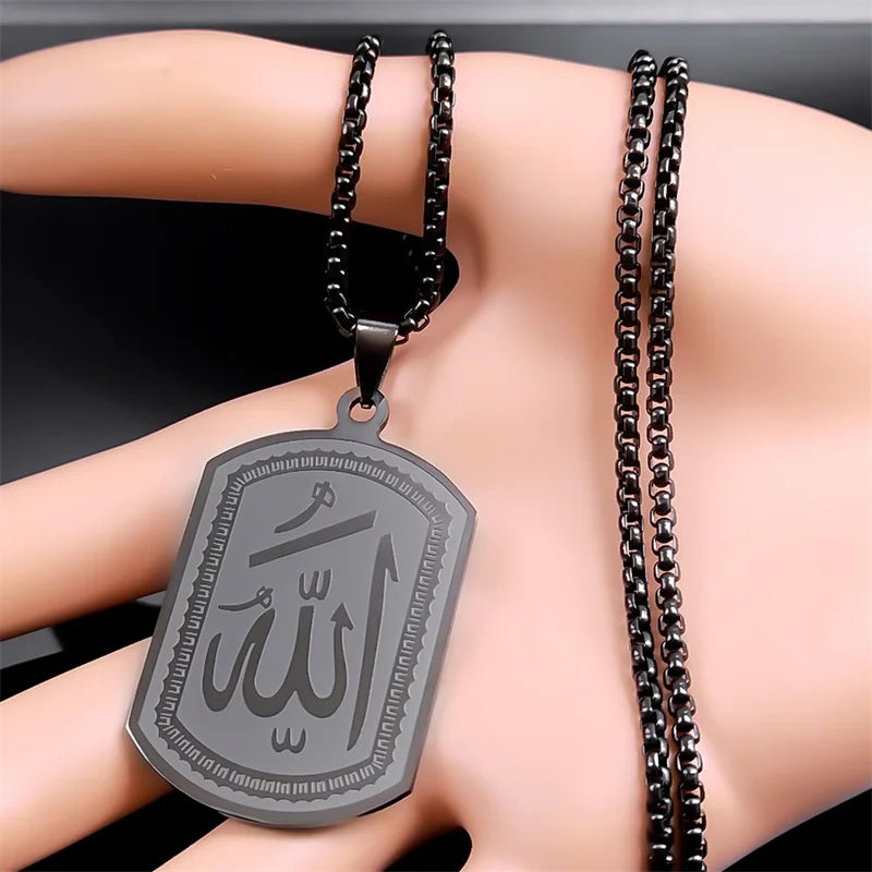 Men's or women's necklace with hexagonal Arabic Muslim Islamic Allah pendant, black, 60 cm