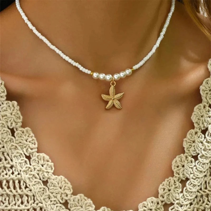 Shell and Starfish Pendant Choker Necklace