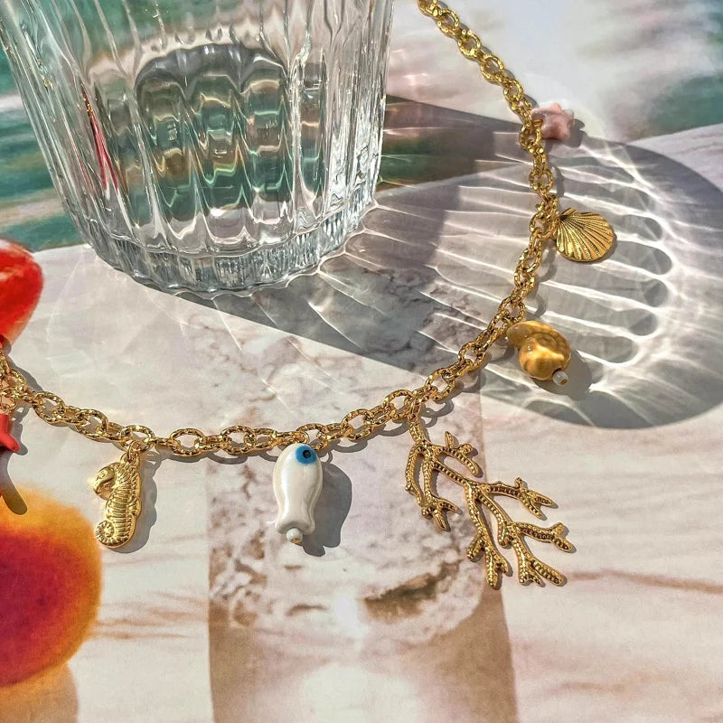 Choker Necklace with Coral and Shell Pendants for Women
