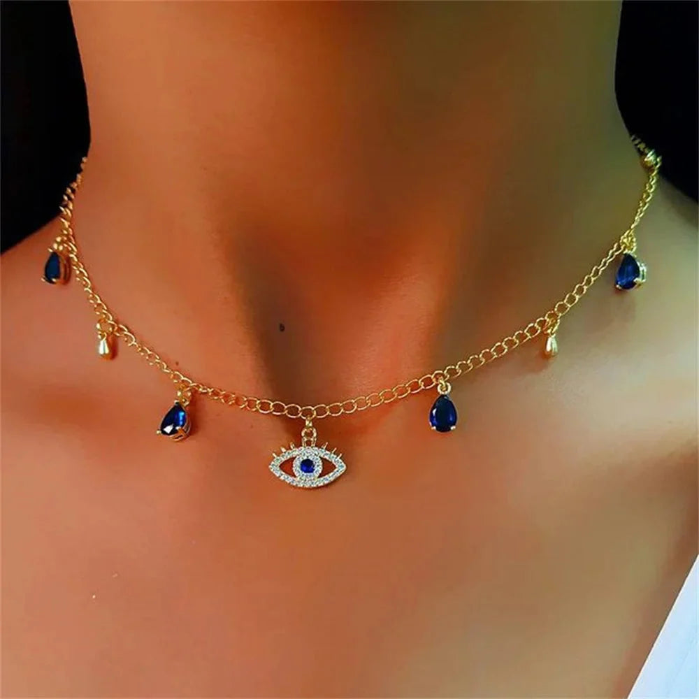 Choker Necklace with Blue Turkish Evil Eye Pendant, Rhinestones and Pearls in gold