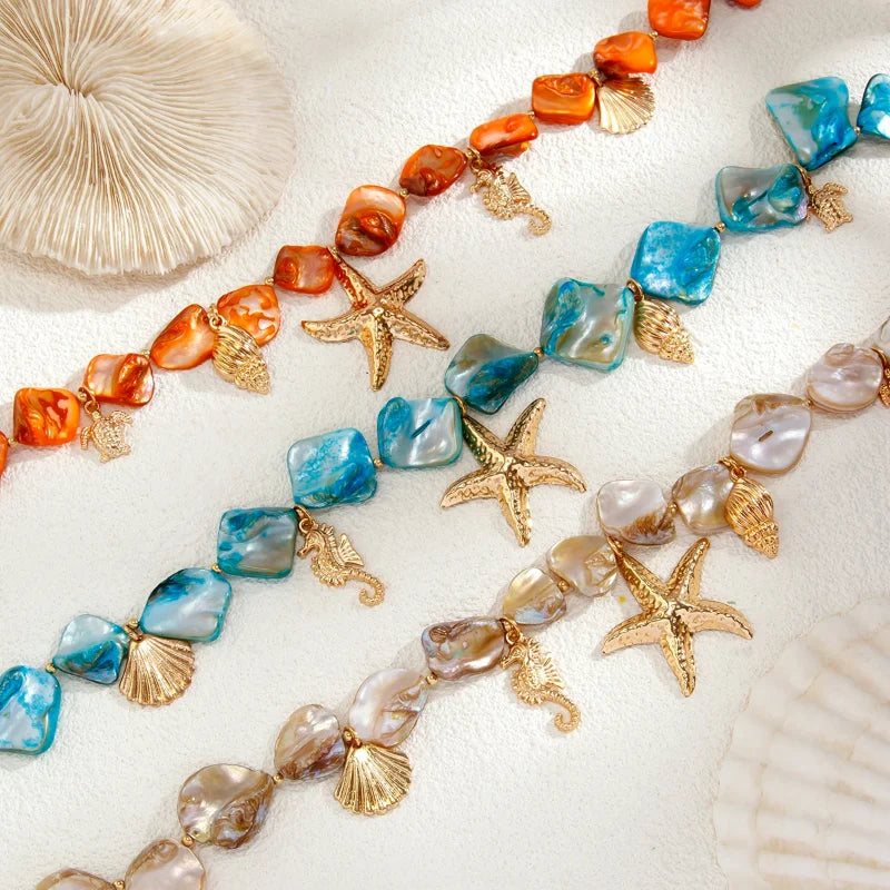 Choker Necklace with Beige Seashell and Starfish Pendants