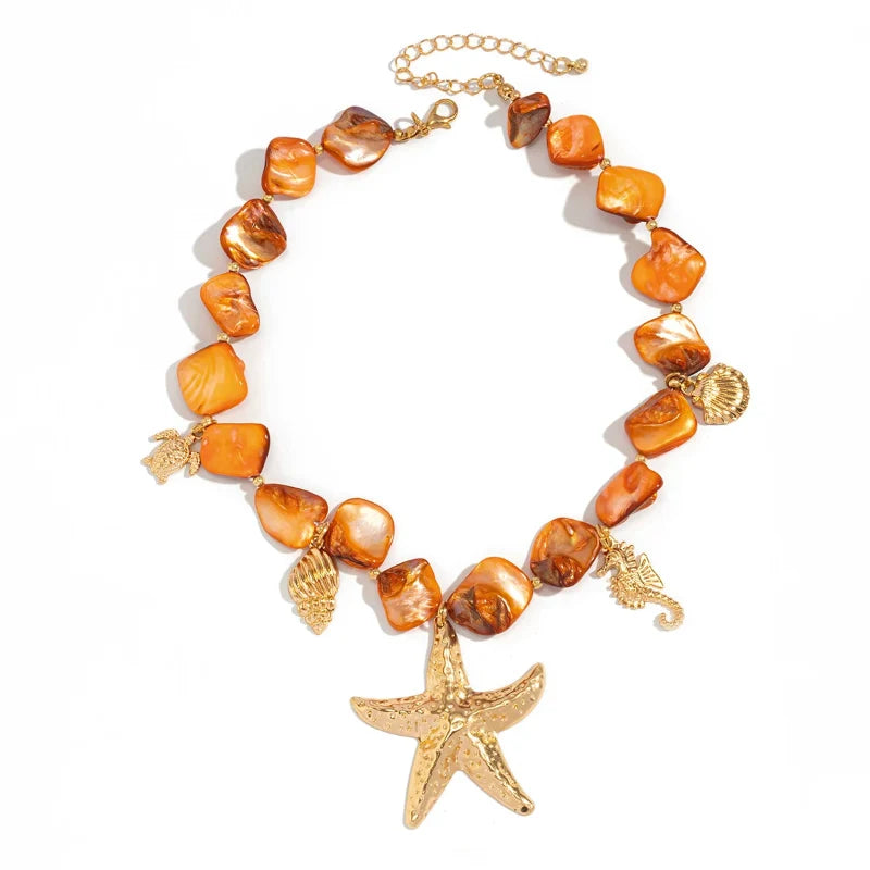 Choker Necklace with Orange Seashell and Starfish Pendants