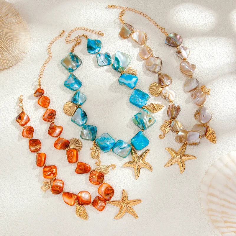 Choker Necklace with Blue Seashell and Starfish Pendants