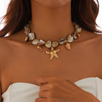Choker Necklace with Beige Seashell and Starfish Pendants