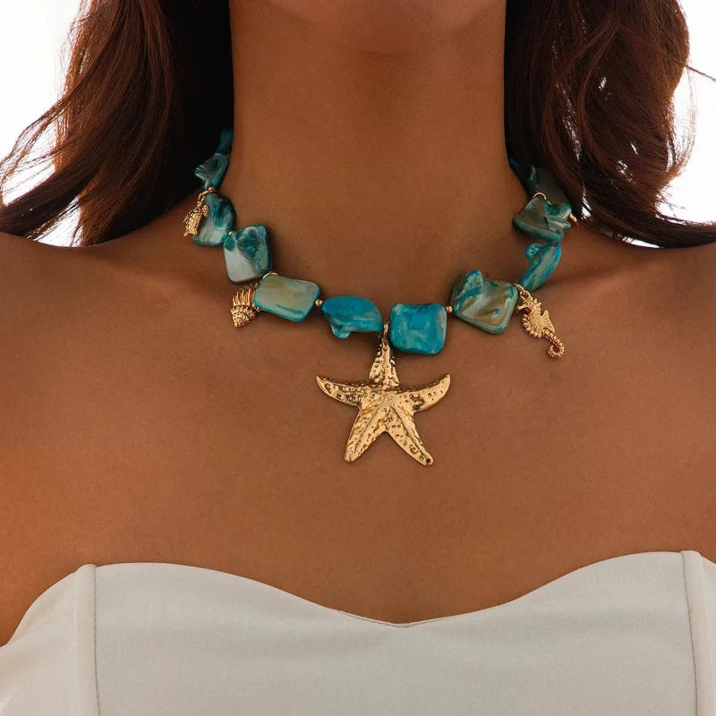 Choker Necklace with Blue Seashell and Starfish Pendants