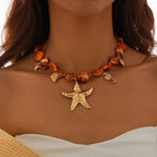 Choker Necklace with Orange Seashell and Starfish Pendants