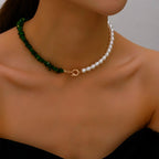 Style Choker Necklace with Green Bead Pendant