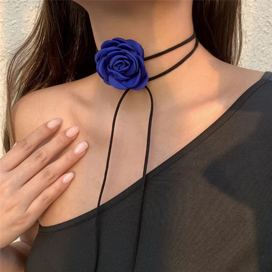 Elegant Choker Necklace with Large Blue Rose Flower Pendant 1